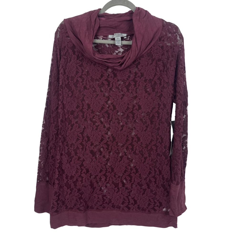 Ruff Hewn Grey Lace Mesh Cowl Neck Long Sleeve Top Burgundy Womens‎ Size L